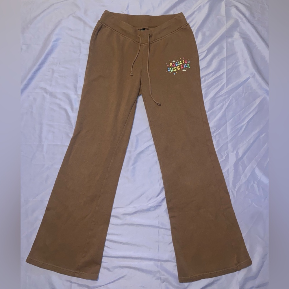 PacSun brown y2k flared sweatpants with colorful logo.